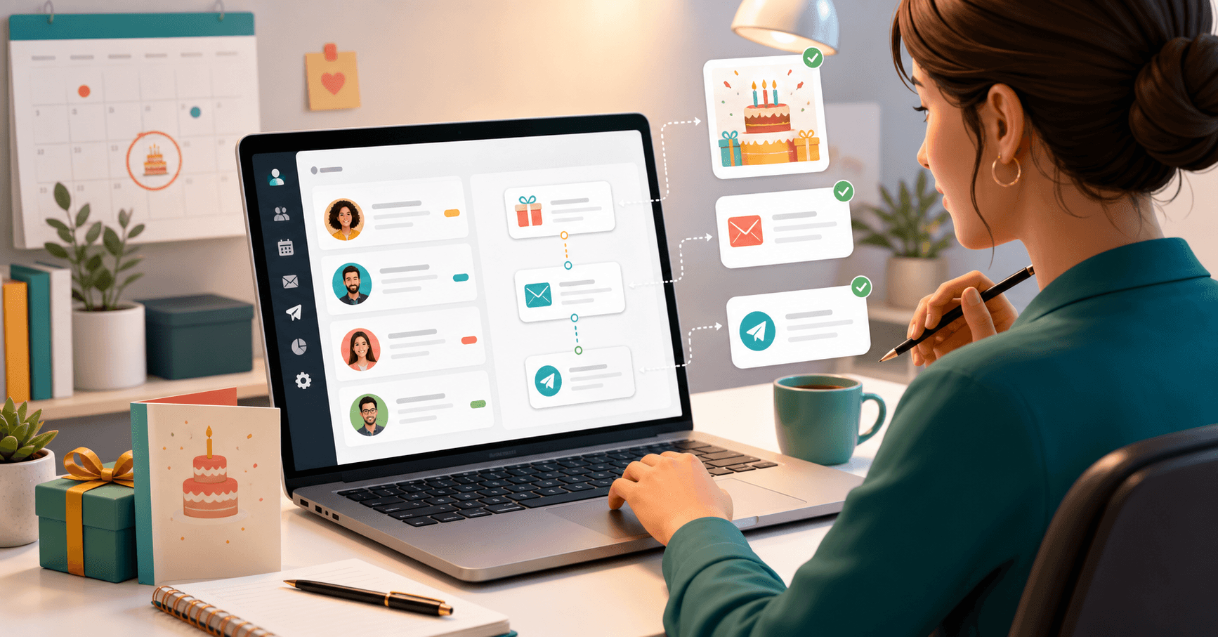 Profissional configurando mensagens de aniversário automáticas para clientes em um CRM simples